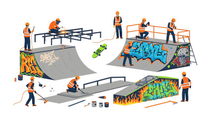 Skateboard Park Construction: A team of construction workers diligently builds a new skatepark, complete with ramps, rails, and graffiti art, promising a vibrant space for urban sports and recreation. © Ajhar234
