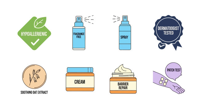 Skincare Product Icons: Hypoallergenic, Dermatologist Tested, Cream, Spray, Patch Test