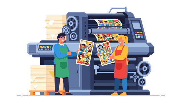 Printing Press Operation: Two printers meticulously examine printed sheets in front of a large, industrial printing press, surrounded by stacks of paper.