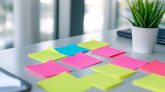 Vibrant neon sticky notes (pink, yellow, blue) scattered on a modern office desk with a blurred plant, perfect for brainstorming, idea generation and task planning. Productivity, memo