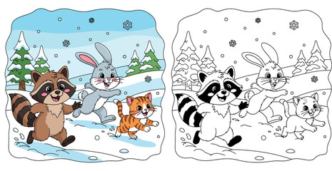 Fototapeta premium Happy Cartoon Raccoon, Bunny, and Cat Playing in Snowy Winter Forest - Joyful Animal Friends