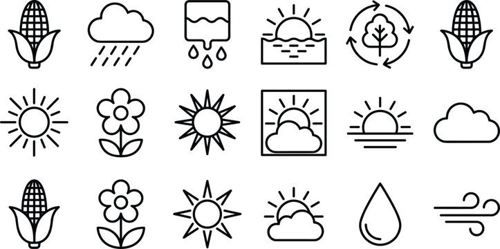 Agriculture and weather line icon set with corn sun cloud rain flower water drop symbols
