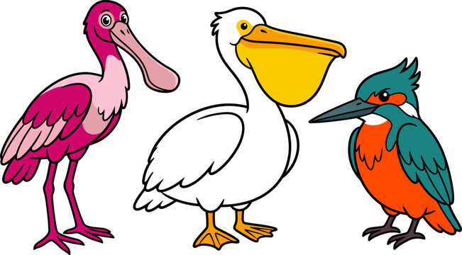 Aquatic and Coastal Birds Vector Set Featuring Pink Roseate Spoonbill White Pelican and Colorful Kingfisher for Wildlife Conservation and Zoo Education Graphics