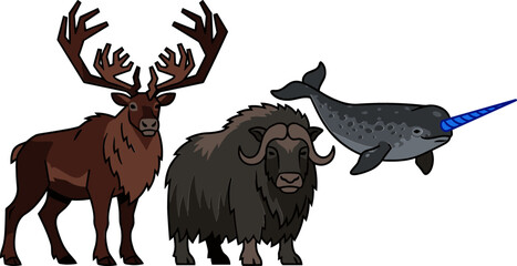 Arctic Wildlife Animal Vector Set Featuring Caribou Reindeer, Muskox, and Narwhal Whale Flat Style Cartoon Illustrations for Tundra Nature Branding © MdMohsin