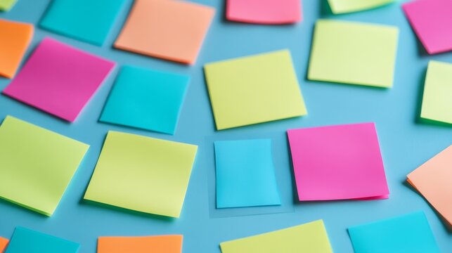 Vibrant scattered sticky notes on blue, showcasing ideas and organization. Colorful reminders for planning and productivity. Workspace essentials. ,Office Supplies ,Brainstorming