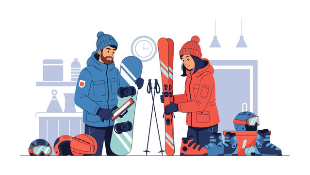 Winter Sport Enthusiasts Prepare for Adventure: A man and woman in warm winter gear stand ready with their skis, snowboard, and helmets, surrounded by equipment for a thrilling day on the slopes.