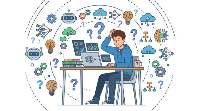 A frustrated young man sits at a desk with multiple laptops and question marks surrounding him in a thought-provoking scene with a mix of technical and abstract icons.