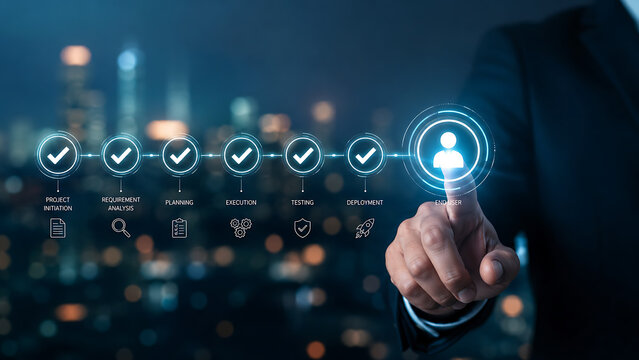 Businessman touching end user icon on virtual screen showing project management process roadmap system architecture software development life cycle workflow development strategy