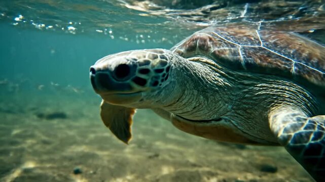 A sea turtle swims towards the camera underwater