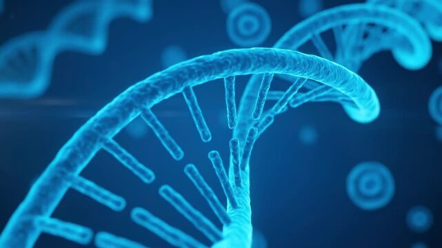 Blue DNA double helix structure 3D render. Suitable for science, medicine, biology, education, and biotechnology presentation.