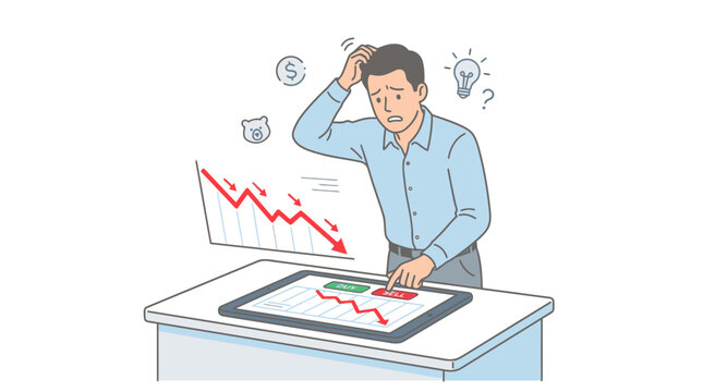 A frustrated businessman analyzes a declining graph on a tablet with a puzzled expression in a minimalist office setting with a worried mood.