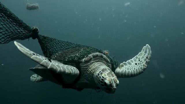 A sea turtle trapped in a fishing net, underwater, struggling to swim