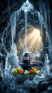 Majestic shiva lingam in an icy cave surrounded by frozen icicles and water stream for amarnath style maha shivratri and mahadev design