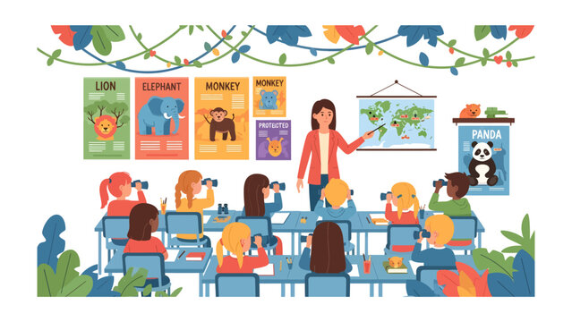 Classroom Adventure: A lively elementary school classroom comes alive with a teacher pointing to a world map and students engaged with binoculars, celebrating animals.