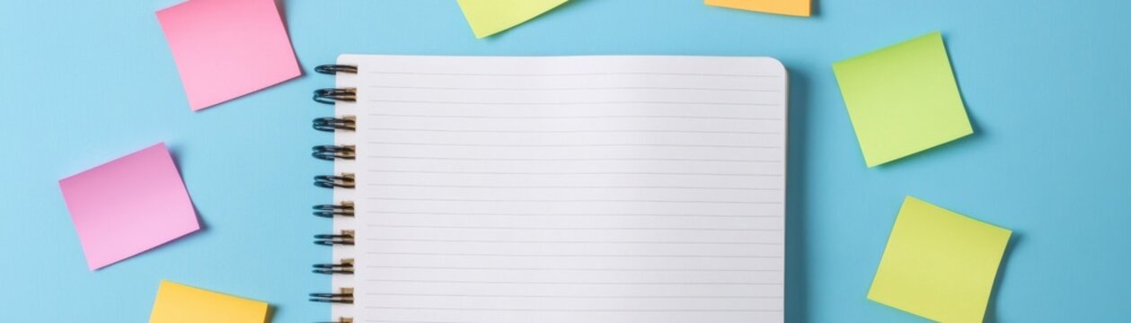 Vibrant top-down view Blank lined spiral notebook on a blue desk, encircled by scattered colorful sticky notes for capturing ideas, reminders and organizing tasks. Brainstorming,