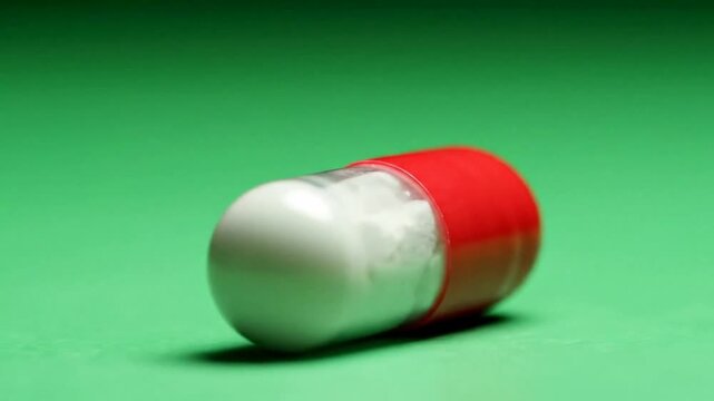Red And White Medical Capsule Pill Rotating On Green Background