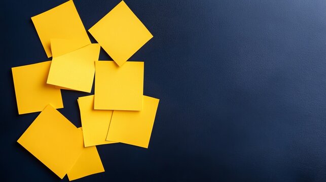 Vibrant yellow blank sticky notes, scattered on a textured dark blue surface, creating a dynamic composition for ideas, reminders, or planning., productivity, organization