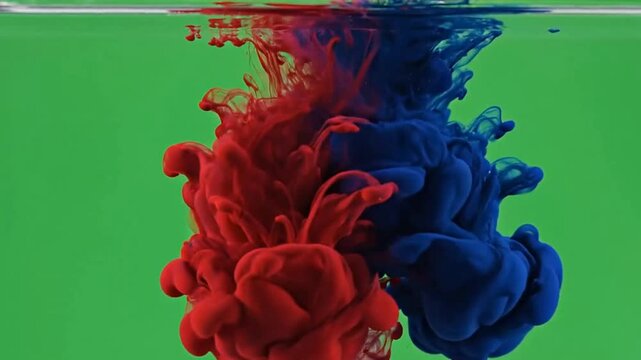 Vibrant red and blue ink clouds mixing on green screen