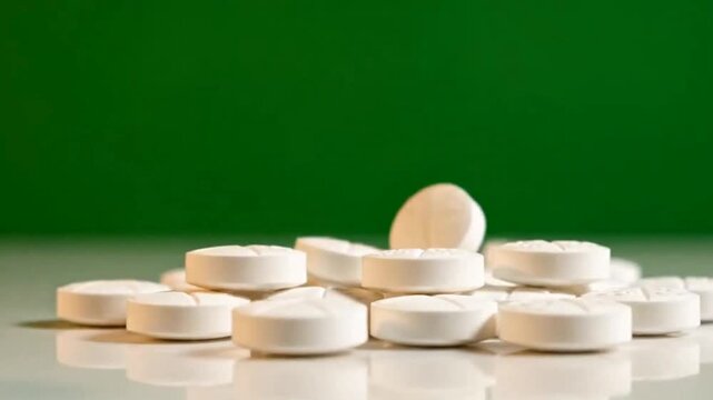 White Medical Pills Falling In Slow Motion On Green Background