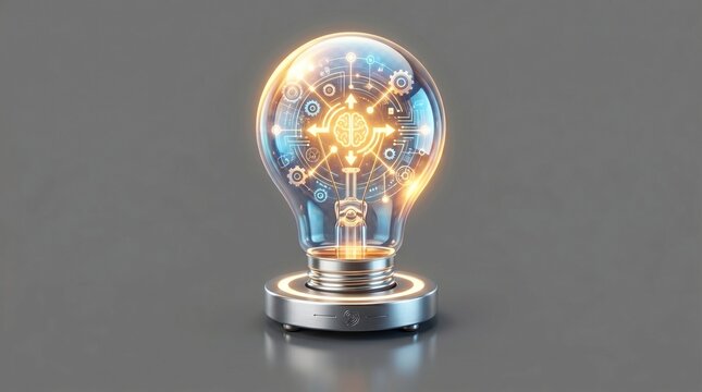 Futuristic glowing light bulb with digital brain circuit, innovative artificial intelligence concept, creative technology and smart idea symbol on gray background
