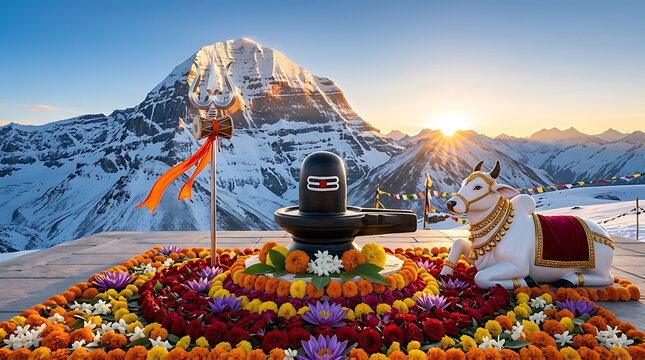 Beautiful shiva lingam and nandi bull on snow covered mount kailash background at sunrise for mahadev and maha shivratri festival