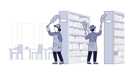 Librarians Cleaning Bookshelves: Two individuals in cleaning attire diligently dust bookshelves in a library, ensuring a pristine environment for readers and books. © Abdul