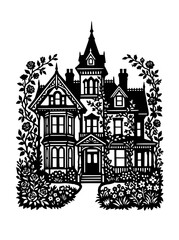 Naklejka premium Victorian Mansion Silhouette with Ornate Rose Garden and Vines Illustration