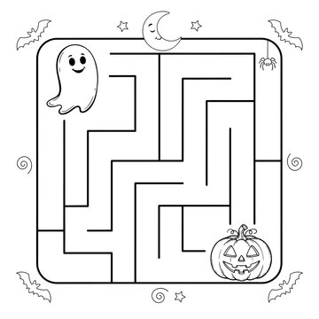 Halloween night maze puzzle with ghost and pumpkin jack o lantern halloween
