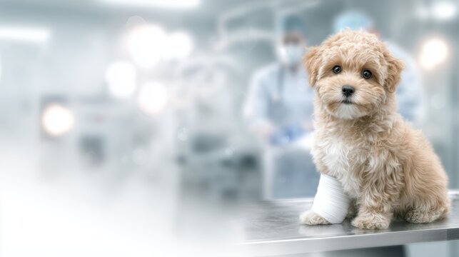veterinary clinic advertising banner, A dog sitting on examination table with a  bandage wrapped around its leg, healthy and well-cared appearance, pet healthcare concept, space  for promotional text
