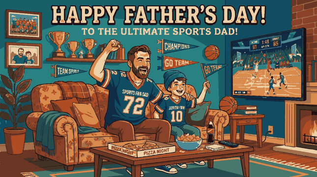 Father and son celebrating father's day watching basketball game at home illustration