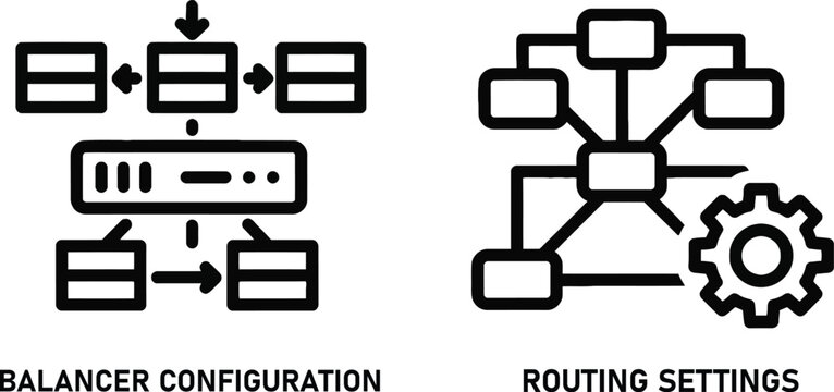Network balancer configuration and data routing settings icons with balancer configuration settings architecture technology infrastructure connection