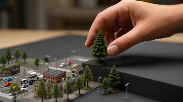A hand placing a miniature evergreen tree on a small city model display
