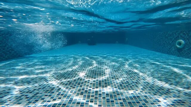 Underwater view of a clean swimming pool with sunlight patterns on the tiled floor.