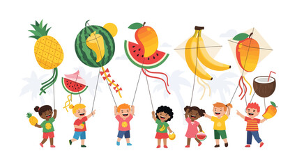 Fototapeta premium Summer Fun with Fruit Kites: A group of joyful children proudly hold aloft kites shaped like various delicious fruits – watermelon, mango, banana.