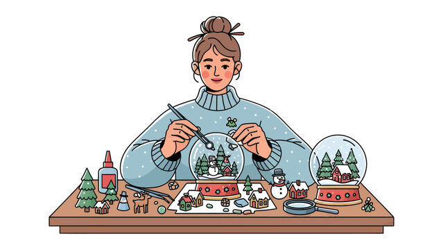 Christmas Snow Globe Crafting: A young woman with a festive sweater and her hair in a bun meticulously crafts a charming snow globe, surrounded by miniature winter scenes, tiny figures.