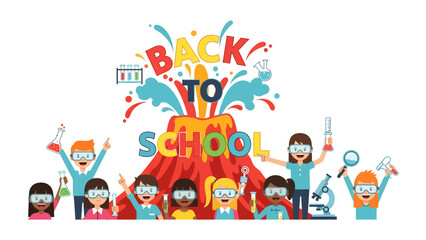 Fototapeta premium Back to School Explosion of Knowledge: A vibrant illustration depicts excited children and their teacher erupting with joy and scientific curiosity.