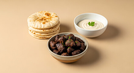 Fototapeta premium Traditional Middle Eastern meal with beef chunks, creamy hummus, and fresh pita bread on a beige background.
