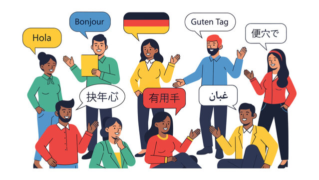 Global Dialogue: A diverse group of people from different cultures are shown communicating in various languages, with speech bubbles displaying greetings in Spanish, French, German, and Japanese.