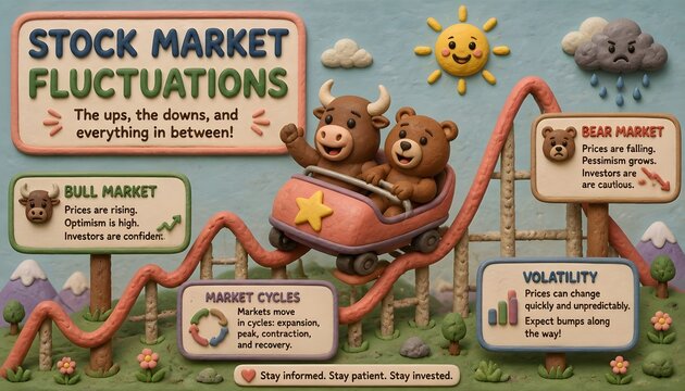 Financial 3D claymation infographic on stock market fluctuations, depicting a cute bull and bear riding a roller coaster line graph representing market cycles and volatility.