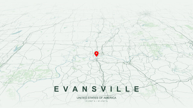 Modern minimalist vector map of Evansville, Indiana, USA. High-quality scalable illustration of Evansville city grid, Ohio River waterfront contours, Lloyd Expressway, Interstate 69 for posters design