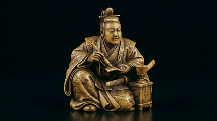 Fototapeta premium Traditional Japanese figure of man in samurai attire holding scroll 