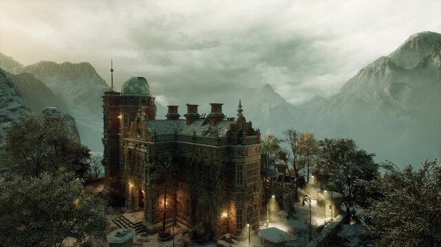 moody gothic manor at dusk with lit turrets, foggy mountain backdrop, warm lantern glow around ornate stone facade, ivycovered walls, cobblestone path leading