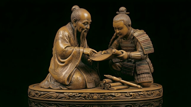 Antique figurine of elderly man teaching young warrior in armor  