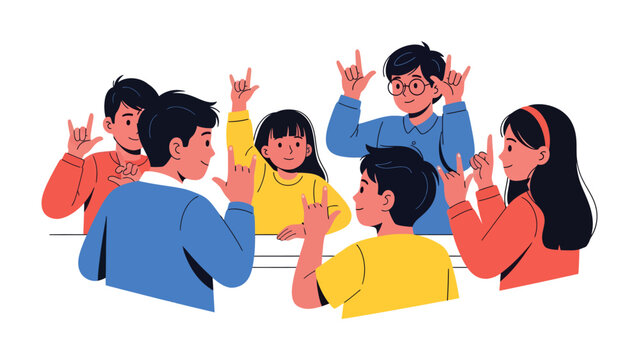 Children learning sign language: A group of diverse children happily learning and practicing American Sign Language, communicating through hand gestures in a classroom setting.