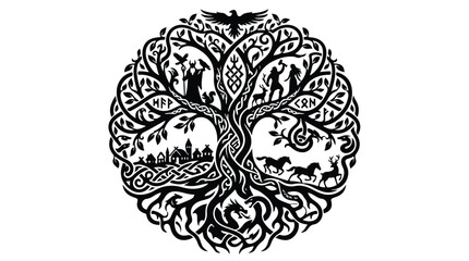 Fototapeta premium Intricate black and white tree of life design with detailed swirling branches and roots symbolizing growth