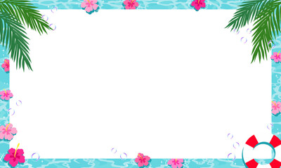 Fototapeta premium Tropical Pool Frame Hibiscus Flower Palm Leaf Summer, Aesthetic Vacation Border Template Copy Space Beach