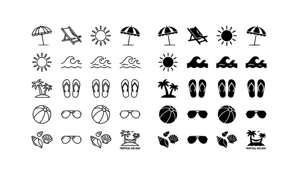 Beach summer vacation icon set with umbrella chair sun and wave symbols black and white vector