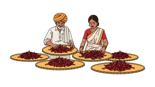 Farmers Preparing Red Chillies: A man in a turban and a woman in traditional attire sort piles of red chillies spread on woven mats, showcasing a scene of agricultural harvest and food preparation.