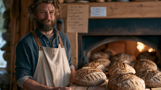 Sourdough baker in flour dusted apron slides fermented whole grain loaves from wood fired oven at dawn, scoring patterns visible on crusts while handwritten fermentation schedule