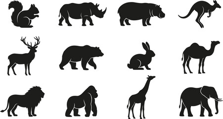 Wild safari and forest animals black silhouette set collection vector illustration isolated on a plain white background © Limon